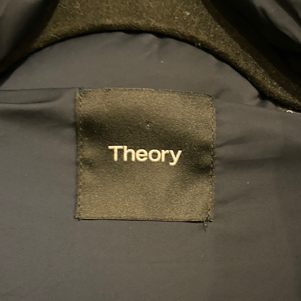 Theory Navy Puffer Coat long with button on side - Picture 3 of 8